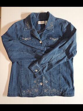 Alfred Dunner Sz 12 Blue Denim Jacket Embroidery Rhinestone Details